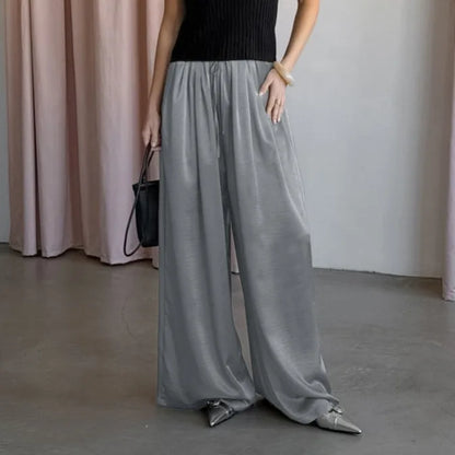 Women's Fashion Satin Pants Solid Vintage Lace Up Patchwork Loose Trouser Summer Elegant Casual Commute Female Trousers