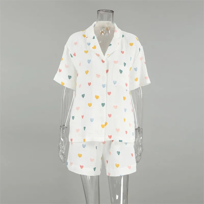 Heart Print Lapel Short Sleeve Top + Shorts Pajamas Loose 100% Cotton Comfortable Women Sets Casual Homewear Sleepwear Outfits
