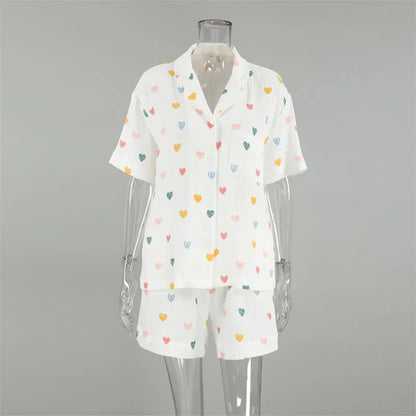 Heart Print Lapel Short Sleeve Top + Shorts Pajamas Loose 100% Cotton Comfortable Women Sets Casual Homewear Sleepwear Outfits