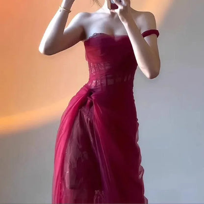 Women Vintage Red Sexy Strapless Sleeveless Lace Mesh Maxi Dress Elegant Christmas Evening Slim Long Dress Vestidos