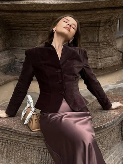 Retro Burgundy Red Jacket Women Stand Collar Button Slim Long Sleeve Jackets Fall Winter Fashion Lady High Street Outerwear
