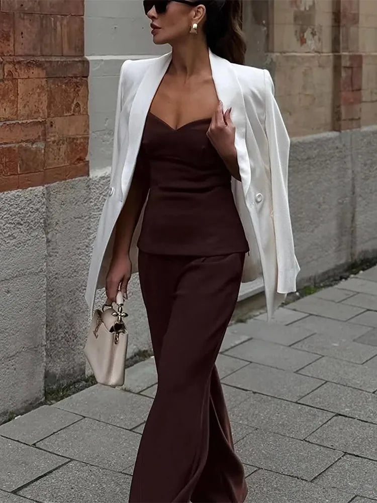 Women's Suit Solid Off Shoulder Backless Waist Cinching Sleeveless Top Straight Trousers Female 2 Pieces Summer Matching Sets