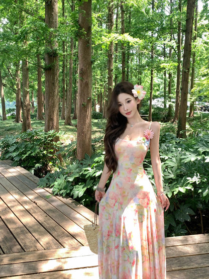 A stunning dress perfect for summer island photography, with a vacation style, sweet spaghetti straps, a fitted waist, suitable