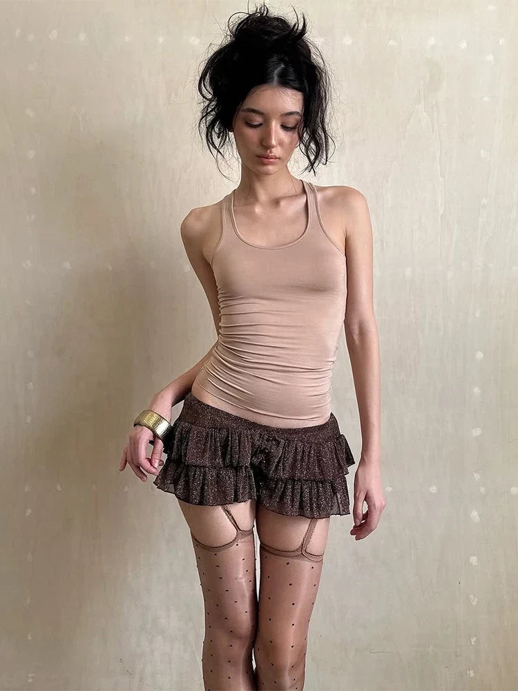 Women Sexy 2 Piece Set Trend Chic Tracksuit U-Neck Skinny Tank Tops+Tierred Ruffle Shorts Matching Patchwork Clubwear