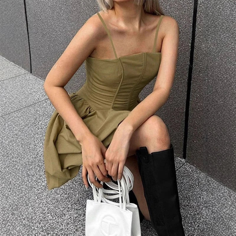 Sexy Summer Bodycon Mini Dress Fishbone Boned Slim Fit Pleated Ruffled Sleeveless Party Clubwear Casual Streetwear Outfit