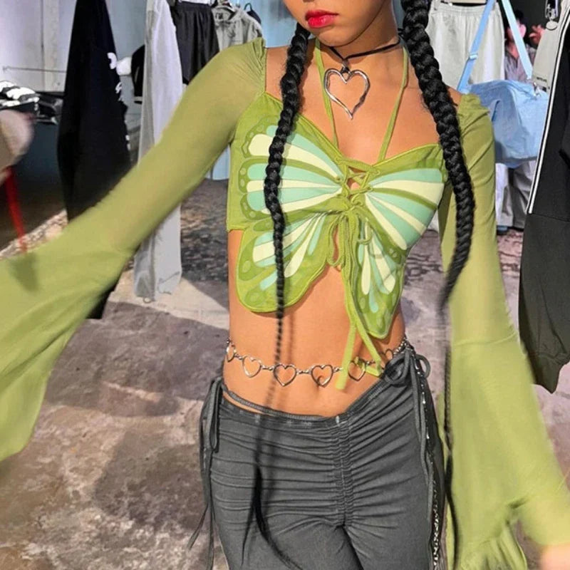 Long Sleeve Patchwork Mesh Halter T Shirts Butterfly Drawstring Summer T Shirts Lady Sexy Streetwear Cropped Tops Women Clothing
