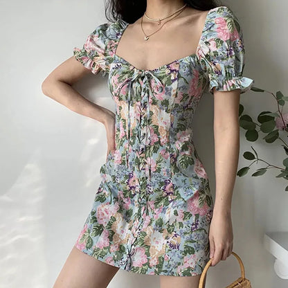 Woman's Hotsweet Dresses Lolita Style A-LINE slash neck Petal Sleeve Miniskirt Printing Slim female clothing