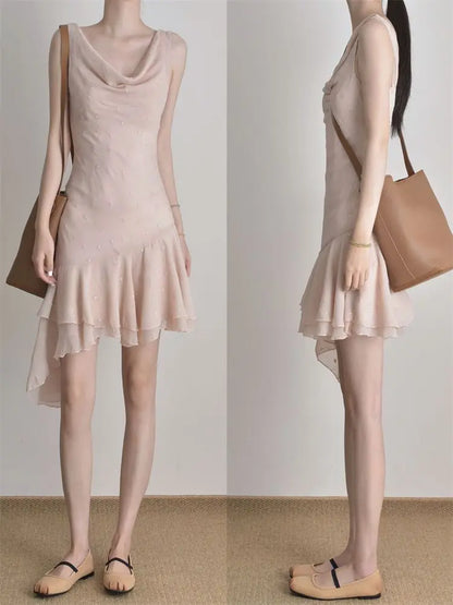 Spring Design High-end Sleeveless Swing Neck Dress Waist Thin Ruffle Edge Irregular Skirt Women's Clothing
