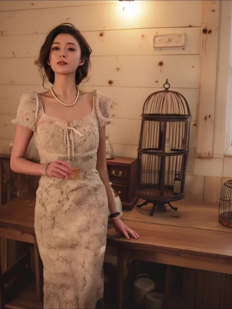 Vintage Midi Dress Women Elegant Party Prom Lace Square Collar Dresses Summer Korean Puff Short Sleeve Bodycon Design Vestidos