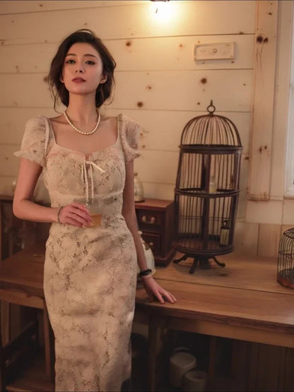 Vintage Midi Dress Women Elegant Party Prom Lace Square Collar Dresses Summer Korean Puff Short Sleeve Bodycon Design Vestidos