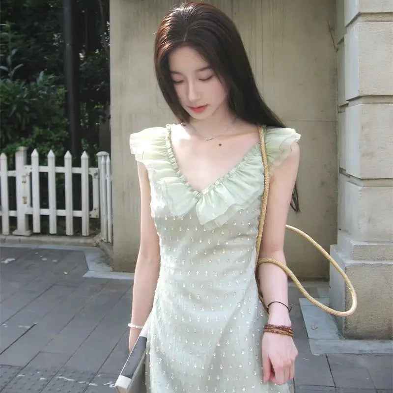 Ruffled V-neck Holiday Dress Fairy Green Yarn Patchwork Vestidos Summer Beading Sleeveless Slim Long Dresses Thin Z305