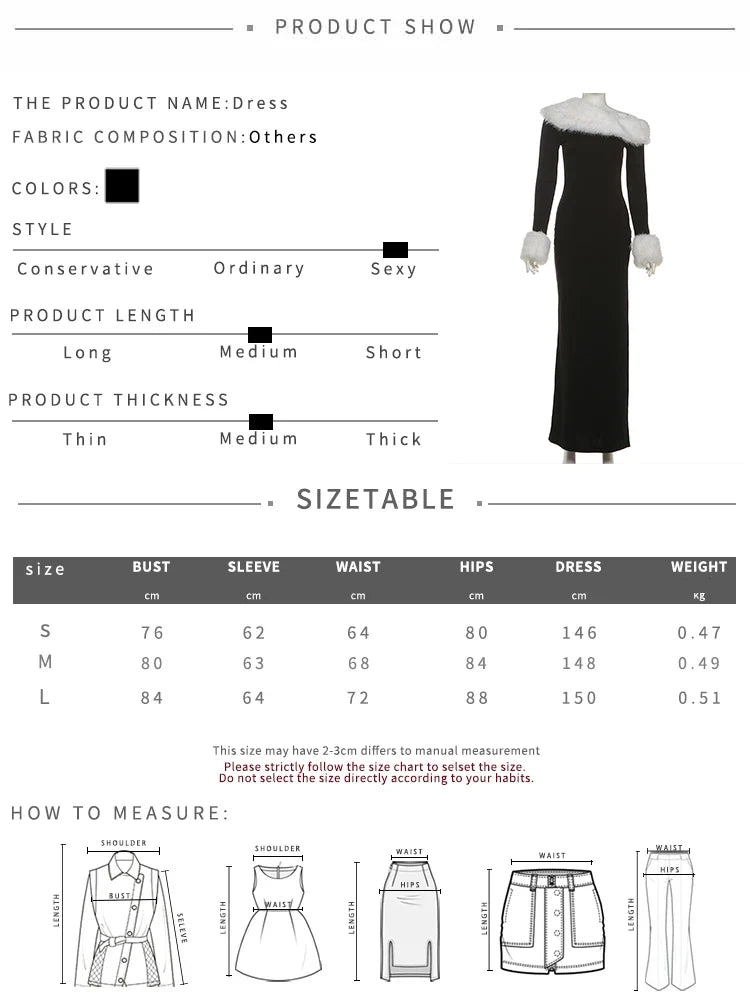 Puss Elegant Banquet Dress Women Furry Patchwork Diagonal Collar Classic Trend Split Hem Full Sleeve Party Club Vestidos