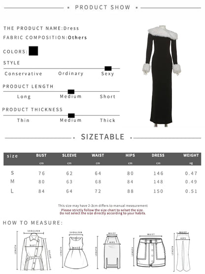Puss Elegant Banquet Dress Women Furry Patchwork Diagonal Collar Classic Trend Split Hem Full Sleeve Party Club Vestidos