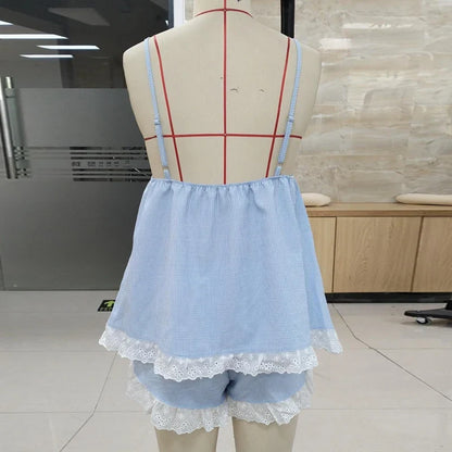 2 Piece Set Striped Cute Lace Trim V Neck Spaghetti Strap Babydoll Tops + Shorts Fairy Cute Lounge Home Pajamas Y2k Outfits