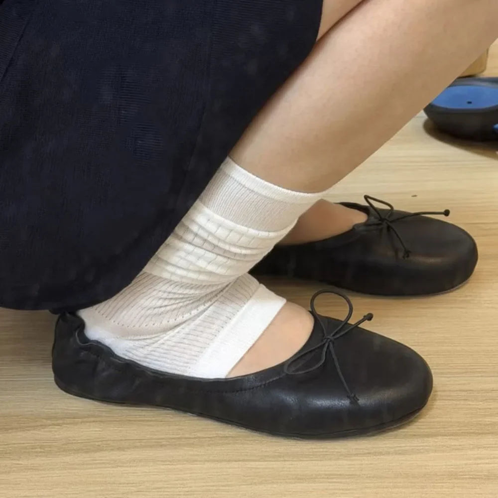 Women's Soft Leather Bow Ballet Flats Ruched Opening Round Toe Slip-on Flat Shoes Comfy Ladies Office Daily Walking Footwear