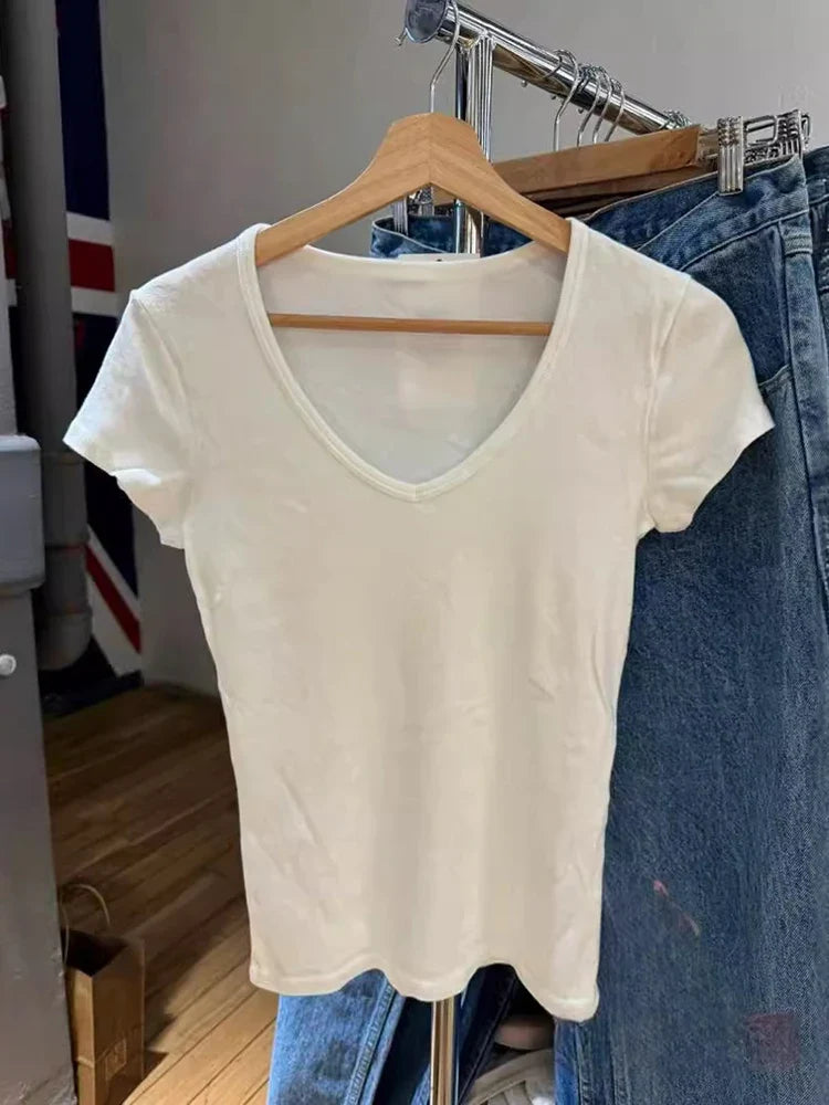 White Cotton Slim T-Shirt Women Summer Short Sleeve V-neck T-shirts Female Casual Simple Basic Tee Shirt Y2k Pullover Tops