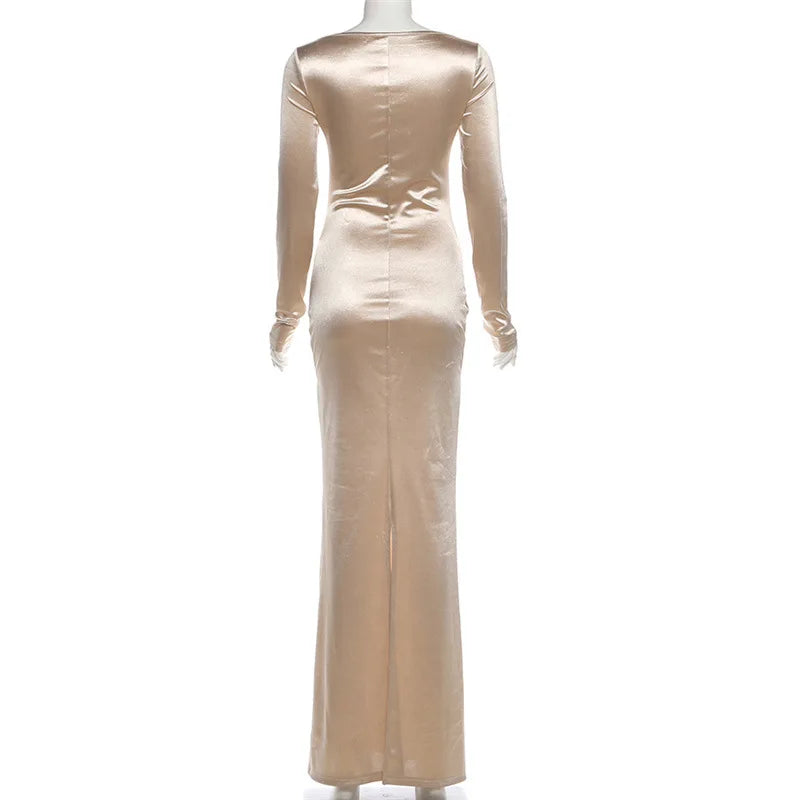 Women Elegant Satin Ruched Bodycon Maxi Party Dress Sexy Strapless Full Sleeve Back Split Evening Gown Birthday Long Robe