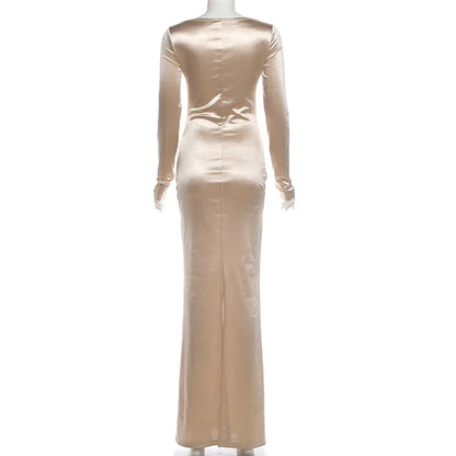 Women Elegant Satin Ruched Bodycon Maxi Party Dress Sexy Strapless Full Sleeve Back Split Evening Gown Birthday Long Robe