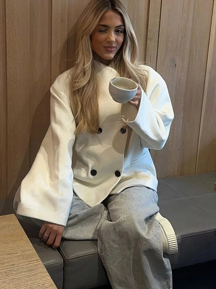 Minimalism Solid Color Women's Coat Round Neck Double Breasted Jackets New Autumn Fashion Coats Casual Loose Ladies Outerwear