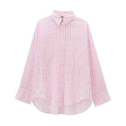 Summer Pink Striped Suits For Women 2024 New Single Breasted Long Sleeve Simple Shirt+Shorts Sets Casual Fashion Two-piece Set