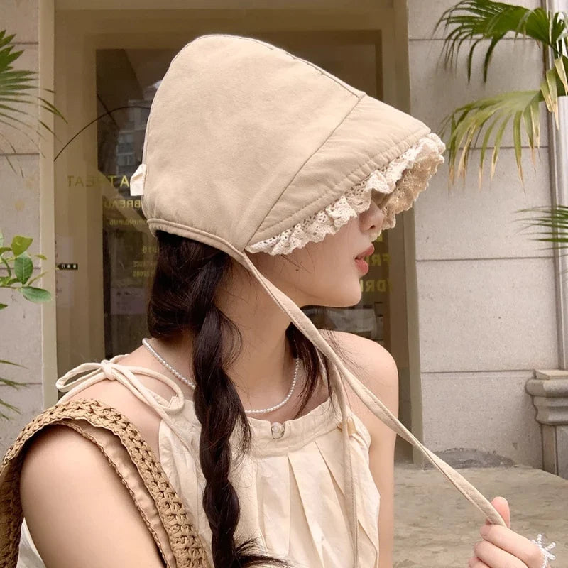Japanese Retro Y2K Lace Edge Loli Hats for Women Spring and Summer Travel Photo Versatile Sunscreen Sweet Strap Sun Hat