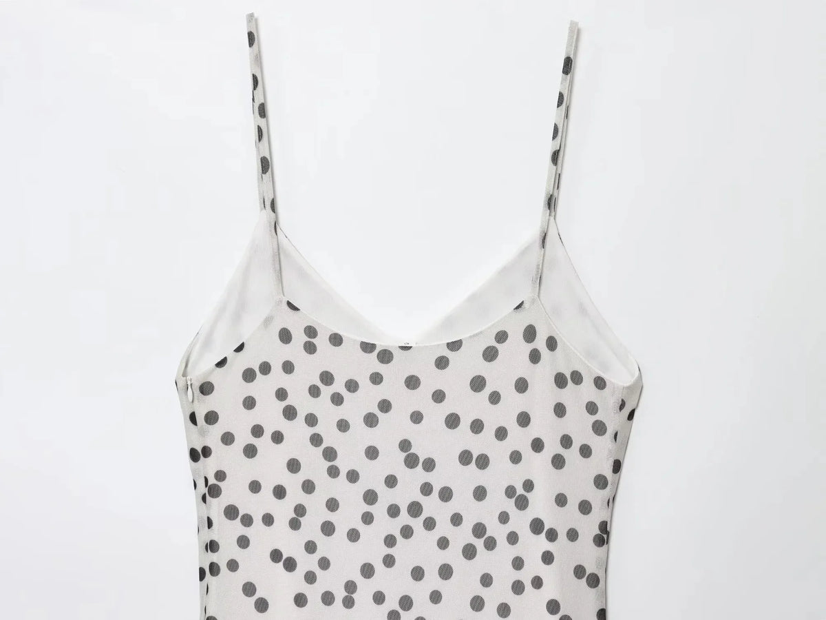 Women's Vintage Polka Dot Printed Midi Dress Summer Holiday Sleeveless Hem Transparent V-Neck Backless Casual Suspender Dress