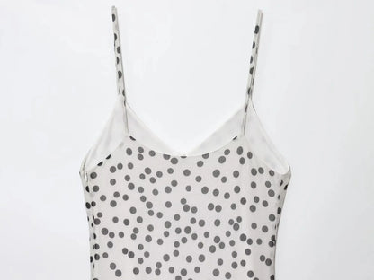 Women's Vintage Polka Dot Printed Midi Dress Summer Holiday Sleeveless Hem Transparent V-Neck Backless Casual Suspender Dress