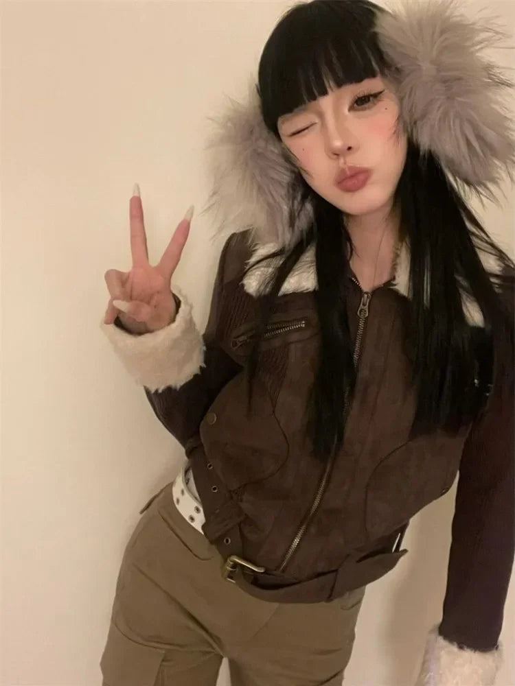 Japanese Y2k Fur Coat Women American Retro Brown Knitted Jacket Vintage Korean Style Zipper Winter 2000s Aesthetics