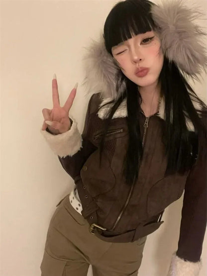 Japanese Y2k Fur Coat Women American Retro Brown Knitted Jacket Vintage Korean Style Zipper Winter 2000s Aesthetics
