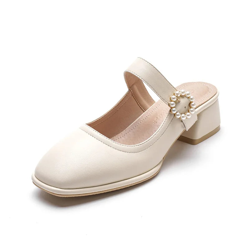 Square heel Female Shoes Ladies' Slippers Cover Toe String Bead Med Luxury Slides Block 2025 Summer Soft Designer Sewing Hoof He