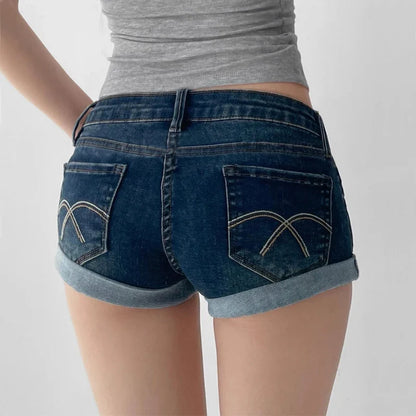 Women's Low Rise Roll Hem Hotpant Denim Shorts Denim Micro Shorts