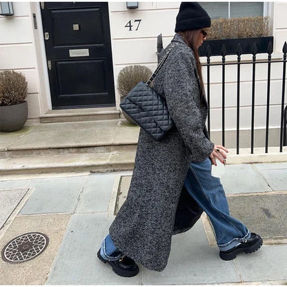 Women Herringbone Wool Tweed Overcoat Fashion Long-Sleeved Turn-down Collar Coat Double Breasted High Street Outerwears