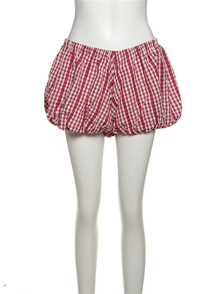 Sweet Striped Print 2-Piece Set Women Bandage Halter v-Neck Patchwork Lace Backless Vests+Folds Puffy Hem Shorts Suits