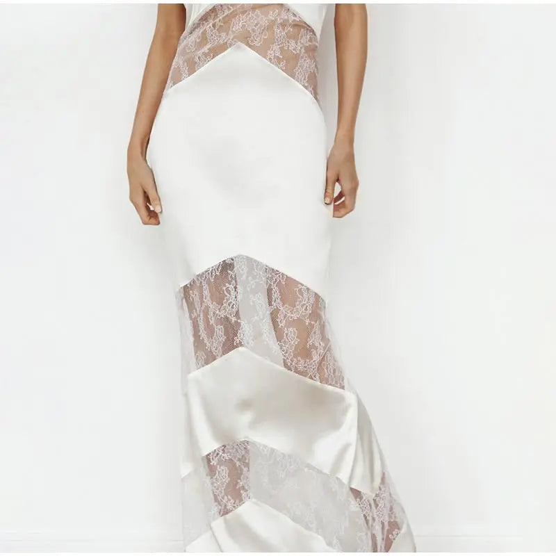 Halter Choker Neck Lace Chevron Panel Sheer Maxi Gown