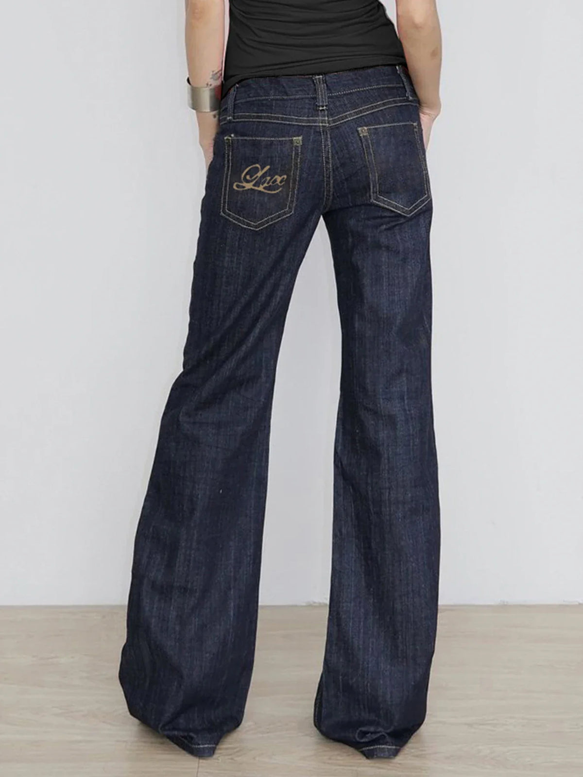 Basic Low Rise Straight Jeans Streetwear y2k Letter Embroidery Baggy Denim Pants Women's Trouser Vintage 2000s Mom Jeans