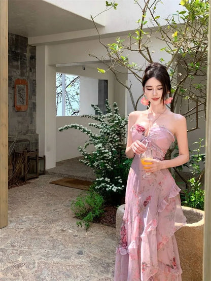 Woman Dress Sexy Elegant Sleeveless Floral Printed Spring Fashion Irregular Ruffles Holiday Hollow Out Backless Dresses