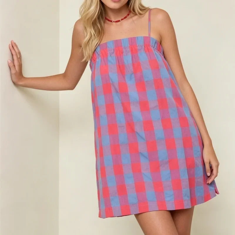 Women Y2k Gingham Mini Cami Dress Boho Graphic Spaghetti Strap Flowy Short Dress Cute Summer Holiday Sundress