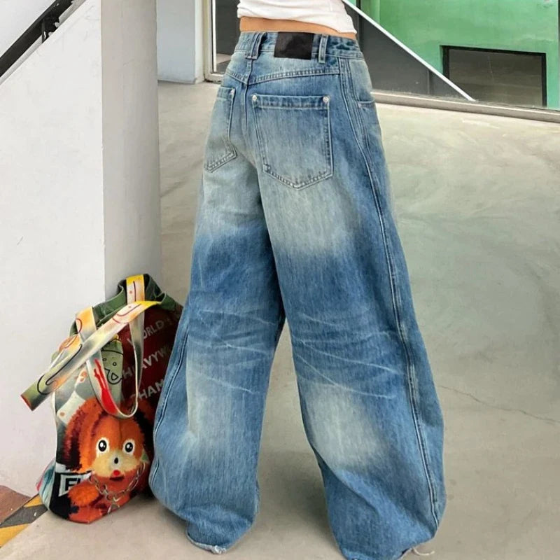 Vintage Oversized Blue Jeans Woman Y2k Casual America Retro Baggy Denim Pants Basic Harajuku Wide Leg Trousers Summer