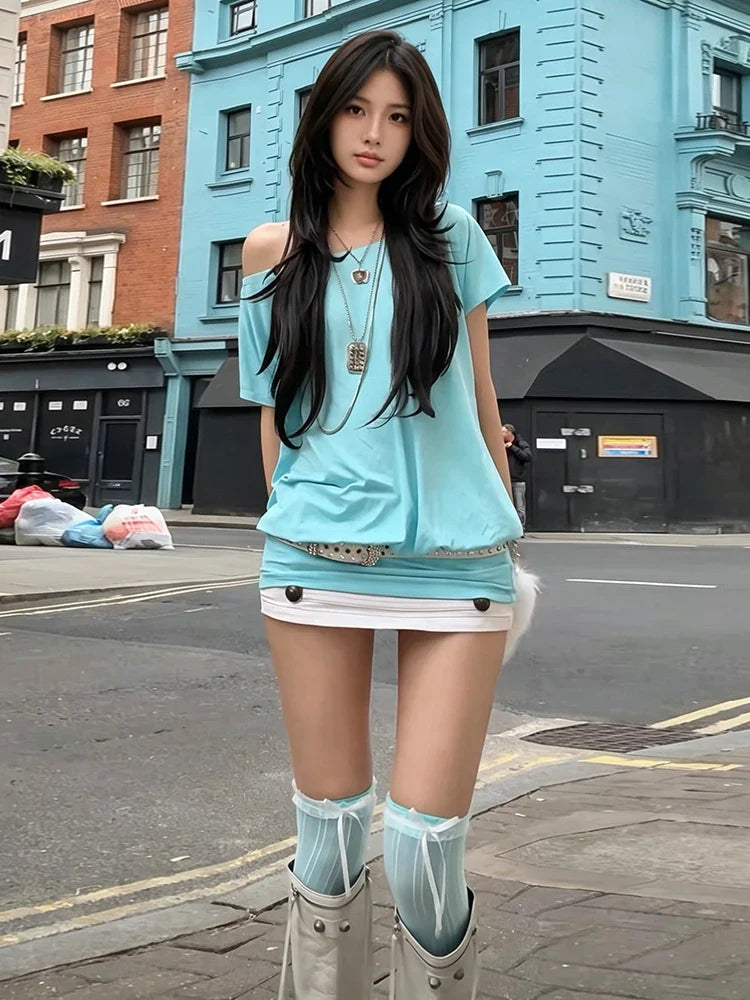 Sexy Diagonal Collar Dress Women Backless Bandage Short Sleeve Solid Loose Simple Classic Street Sexy Hottie Bodycon