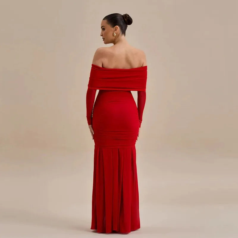 Off Shoulder Long Sleeve 3D Floral Rosette Mermaid Maxi Gown