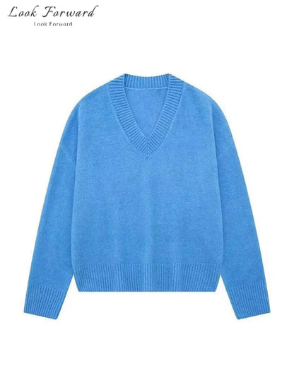 V-neck Pullover Woman Loose Short Autumn Winter Solid Zippers Women's Sweater Soft Casual Knitwear Lady All-match Long Sleeve