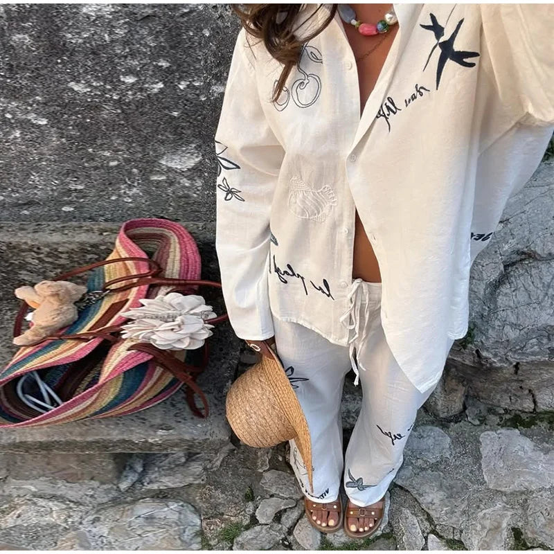 Cotton Linen Women's Trousers Set Long Sleeve Single Breasted Loose Shirt Wide Leg Pants Suits Summer Casual Lady Sets