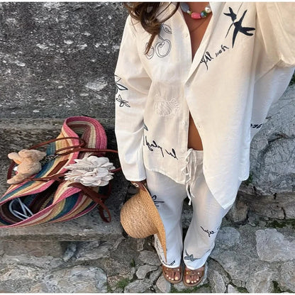 Cotton Linen Women's Trousers Set Long Sleeve Single Breasted Loose Shirt Wide Leg Pants Suits Summer Casual Lady Sets