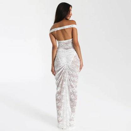 Off Shoulder Lace Sweetheart Neck Ruched Cutout Maxi Dress