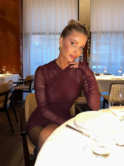 Mock Neck Asymmetric Drape Ruched Mesh Long Sleeve Mini Dress