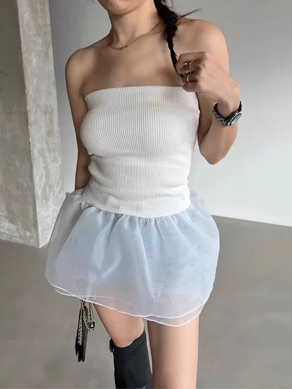 South Korea Chic Tops Summer French Sexy Line Collar Slim Tanks Patchwork Mesh Skirt Bottom Wipe Chest Vest Top Women