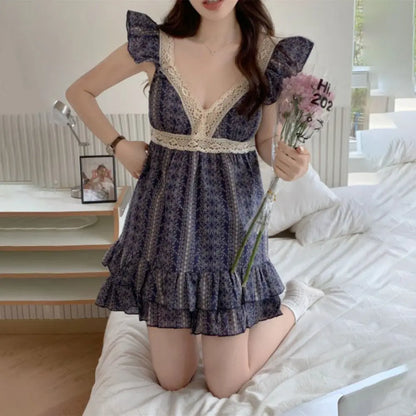 Striped Suspender Shorts Pajamas Ruffle Sleeveless Floral Pajamas Suit Loose with Chest Pad Women's Sleepwear Sets Sleeping