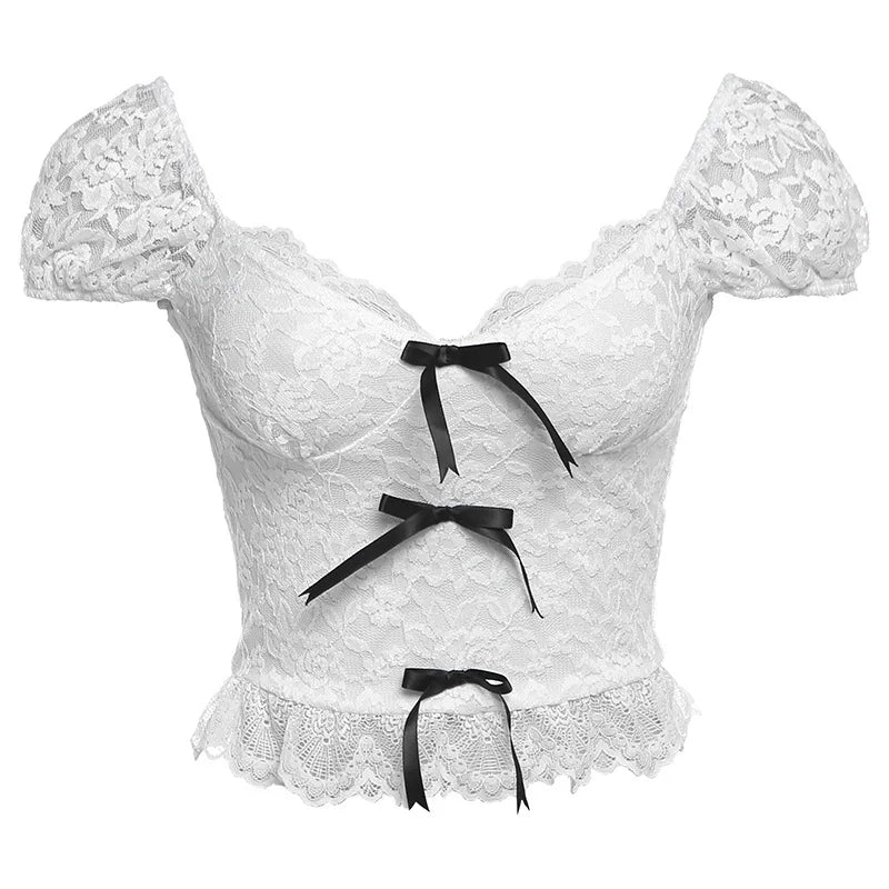 2 Piece Set Women's Lace Bow Top V-Neck Backless Top Slim Hip-Covering Long Skirt Sweet Female Birthday PArty Outfits New