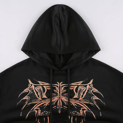 Hooded Sweatshirt Printed European And American Style Dark Loose Women High Street Versatile Long-Sleeved Outer Top To Look Slim