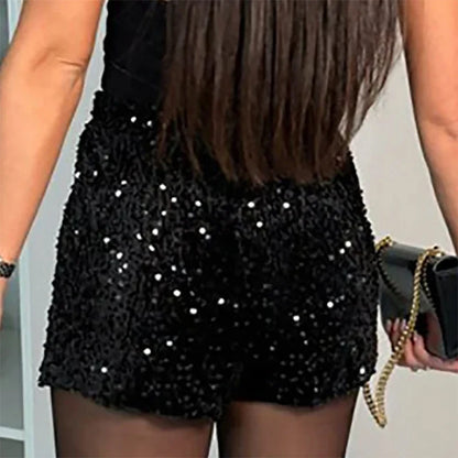 Women Fashion Sequin Sparkling Mini Shorts 2025 Spring Elegant Elastic Waist Commuter Shorts Autumn Slim Fit Short Pant Feminina